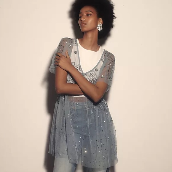 ANTHROPOLOGIE Short-Sleeve Sheer Embellished Tunic Top